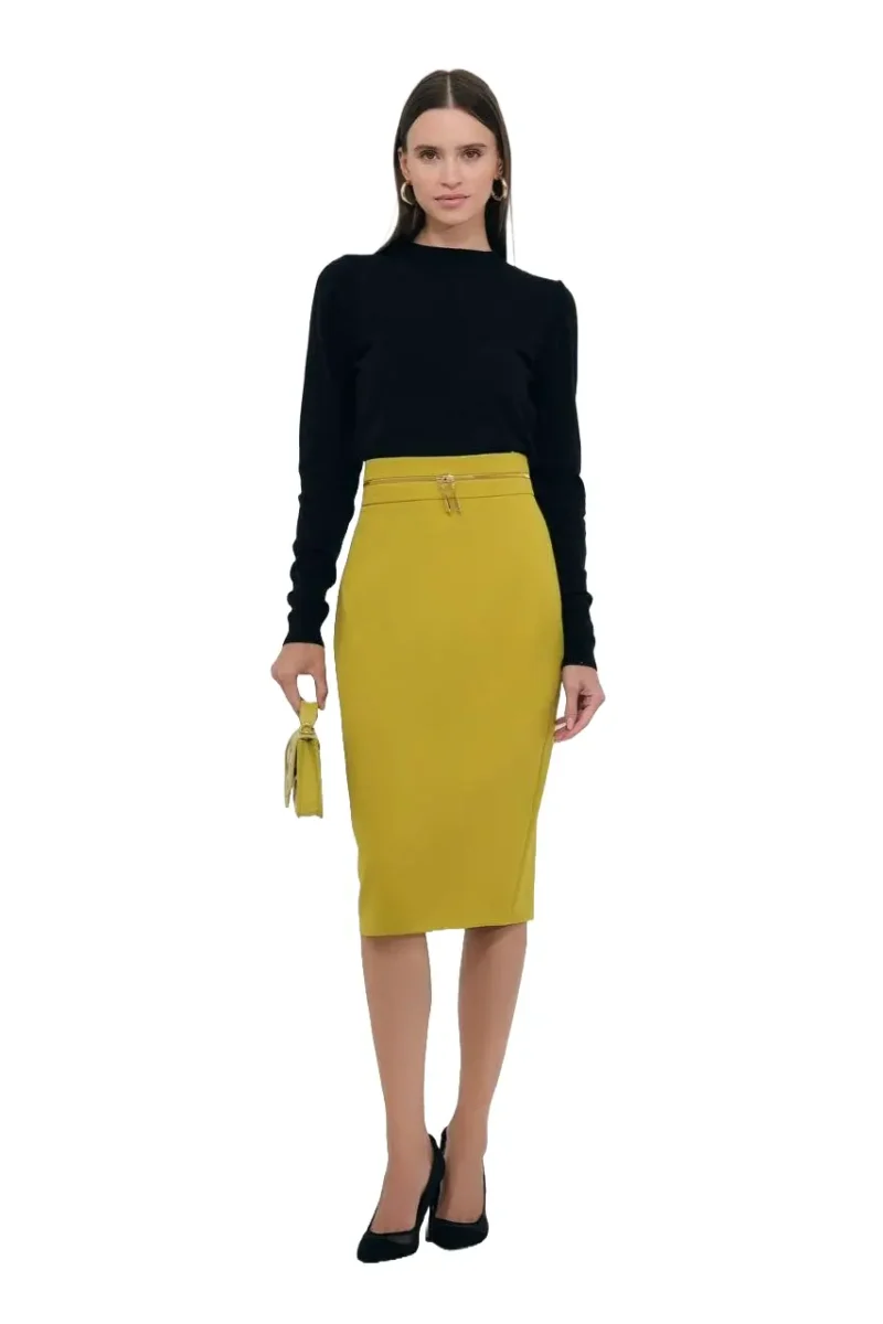 Uliva pencil skirt in lime green with gold zipper details, featuring a sleek, form-fitting design for a stylish and sophisticated look.