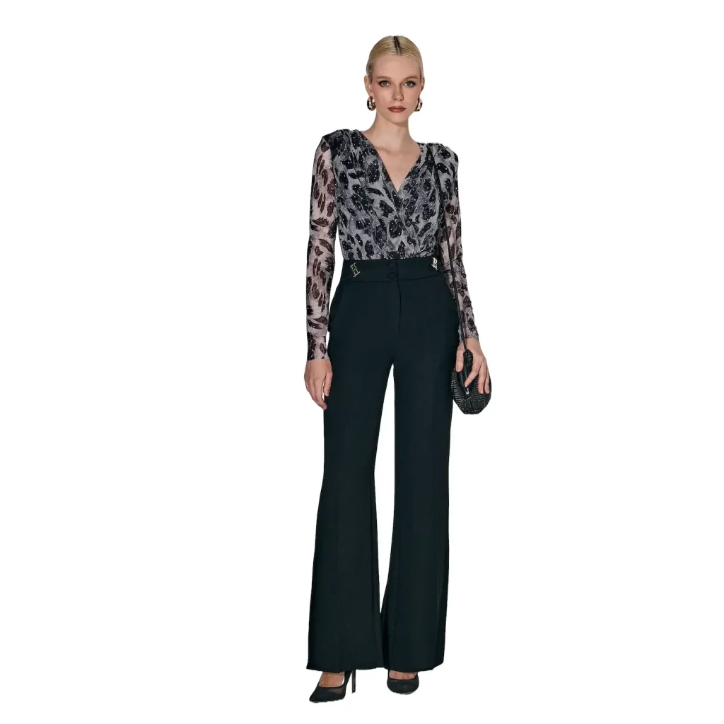 Black Flare Trousers - 70s-Inspired Dramatic Leg Silhouette - Motrati