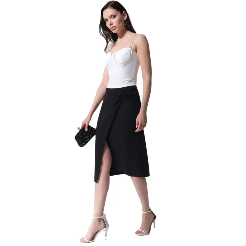 Fiorella A-Line Midi Skirt - Below Knee Skirt with Slit - Motrati