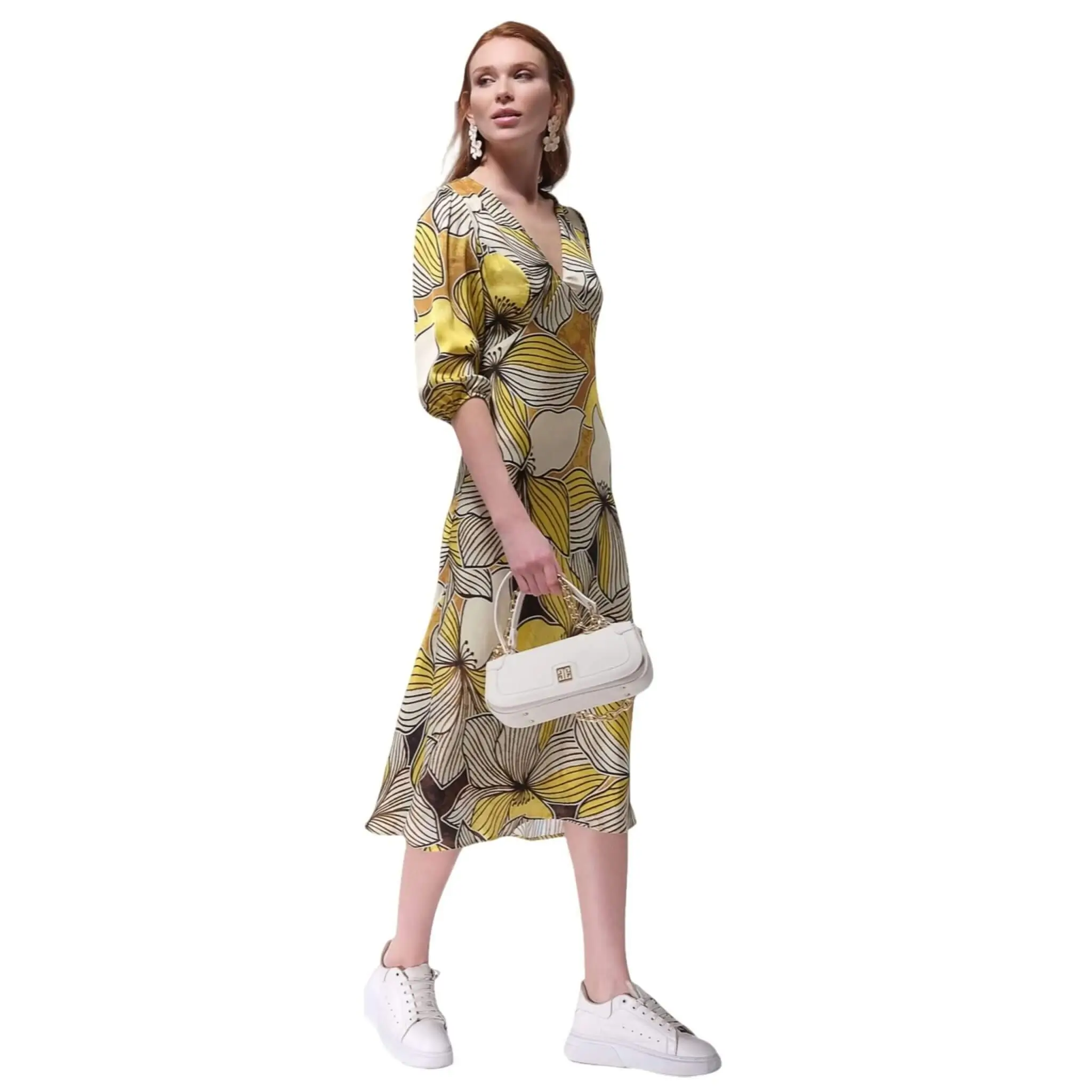 MOTRATI yellow flower dress under the knee with short sleeves