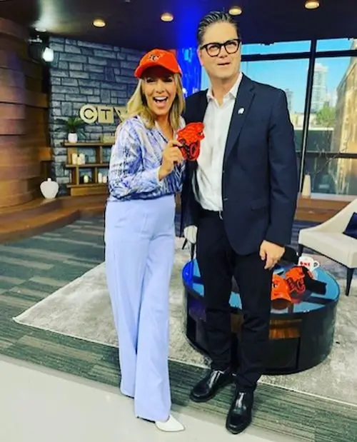 Front view of Keri Adams wearing MOTRATI designer workwear on CTV News