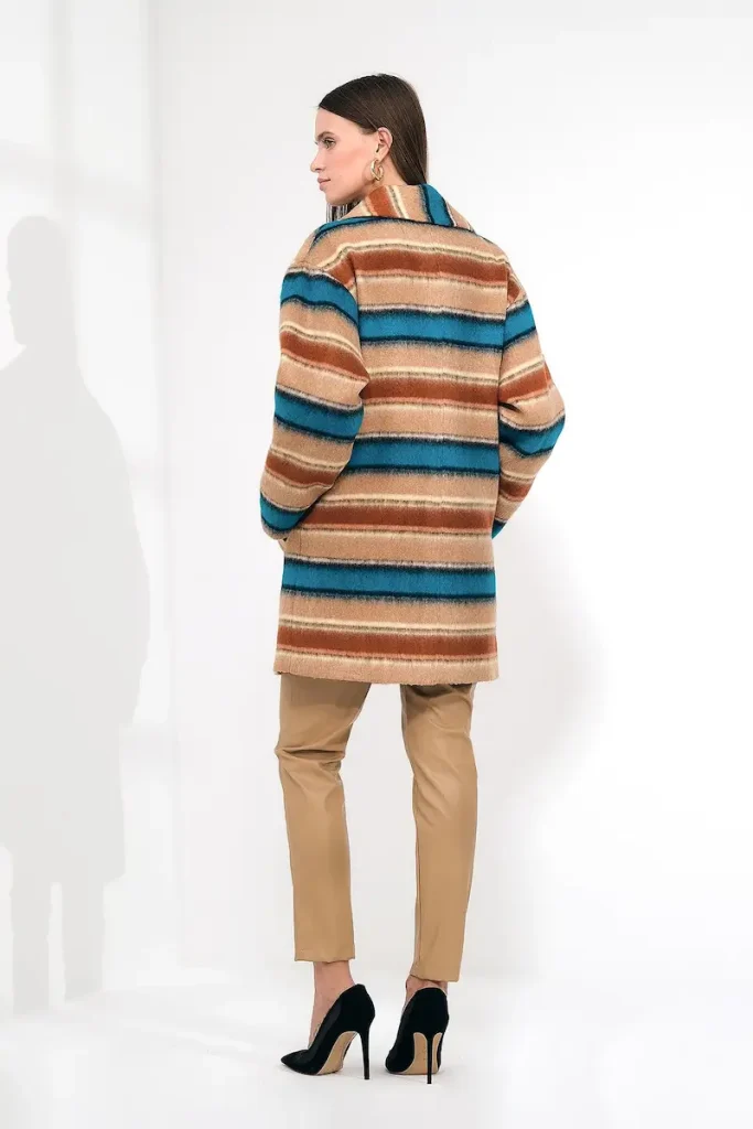 Striped lightweight short camel and blue and brown coat, combining stylish patterns with a breathable design for a versatile outerwear piece.