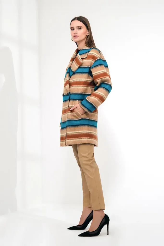 Striped lightweight short camel and blue and brown coat, combining stylish patterns with a breathable design for a versatile outerwear piece.
