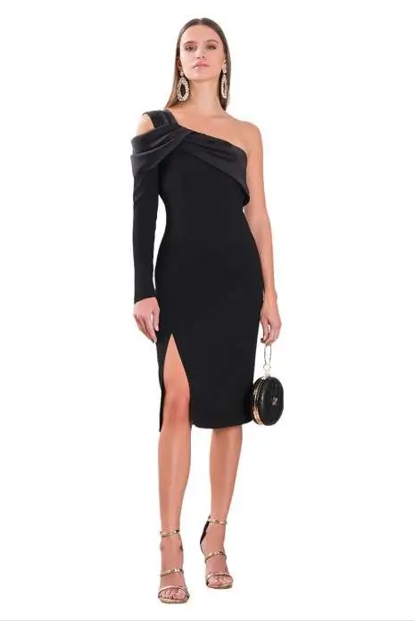 Womens mid-length one shoulder black dress for any occasion