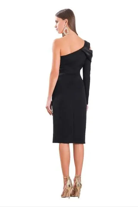 Womens mid-length one shoulder black dress for any occasion