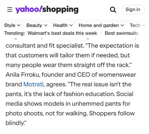 ahoo Shopping featured MOTRATI expert quote on Zara death trousers trend